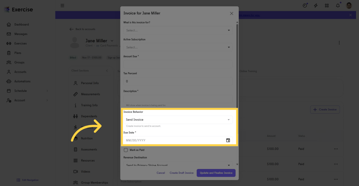 Set Invoice Behavior: Send Invoice