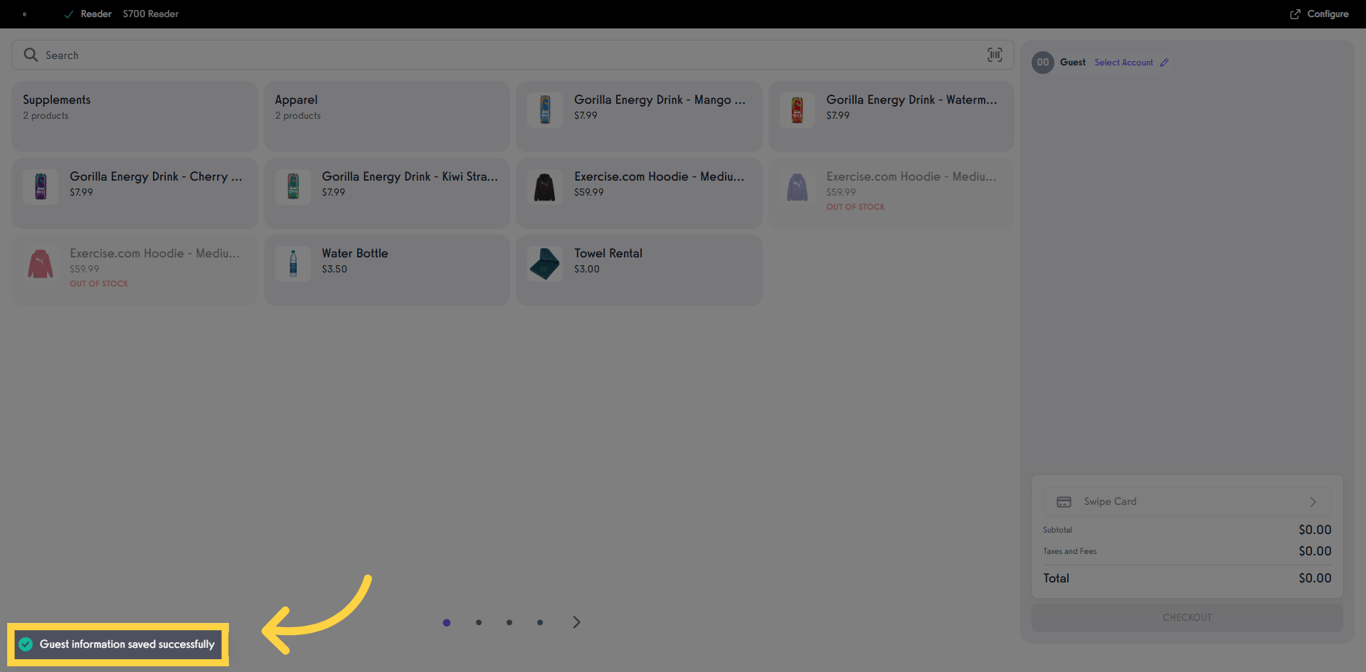 Confirmation that guest information and receipt have been saved successfully.