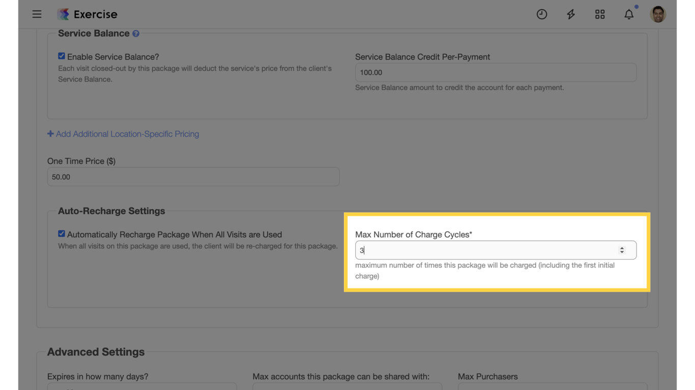 Max number of charge cycles setting