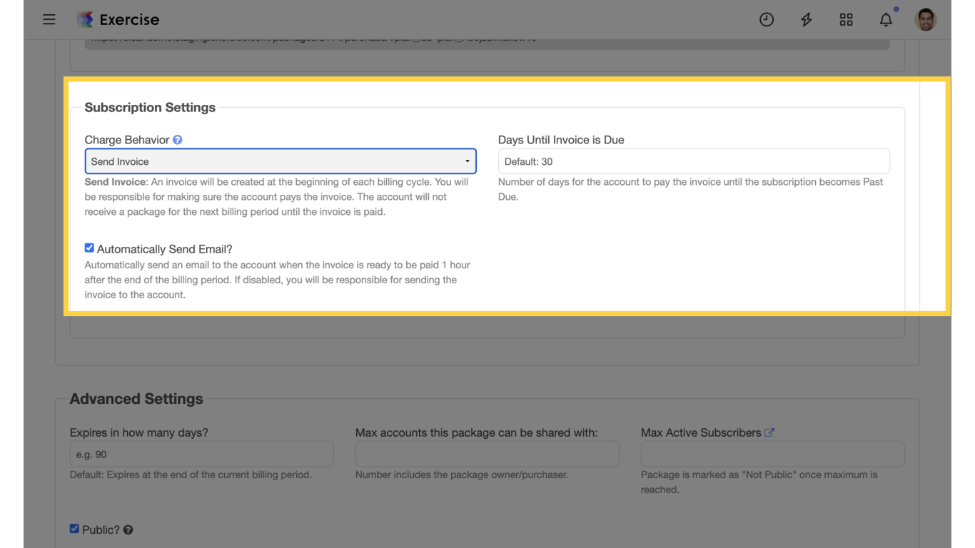 Subscription charge behavior: Send Invoice option