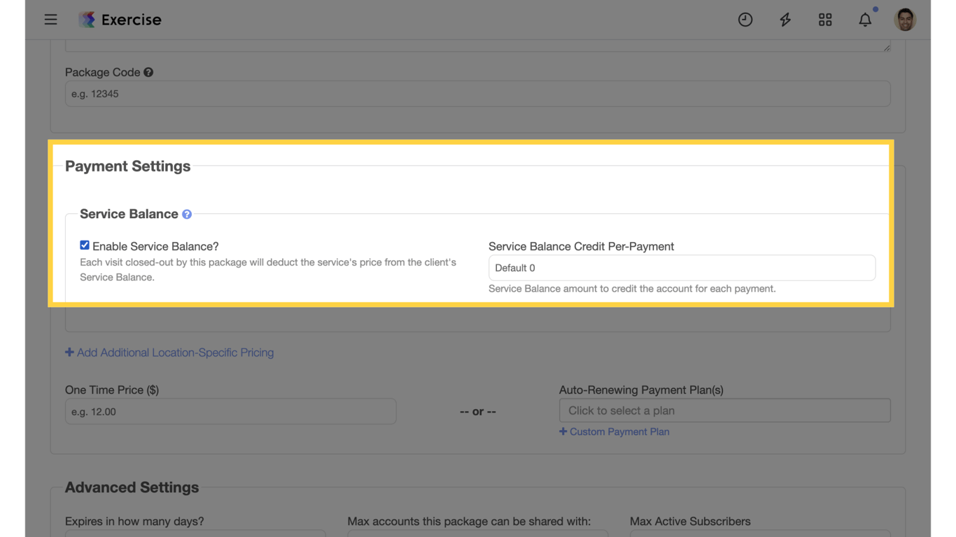 Payment Settings with Service Balance toggle