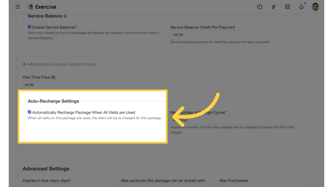 Auto-recharge setting for packages