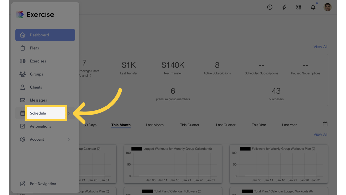 Schedule section in the admin dashboard showing navigation to Schedule