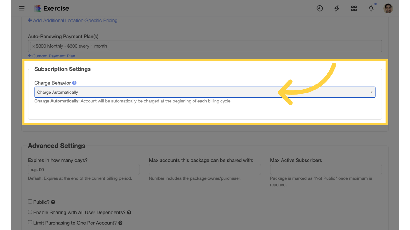Subscription charge behavior: Charge Automatically option