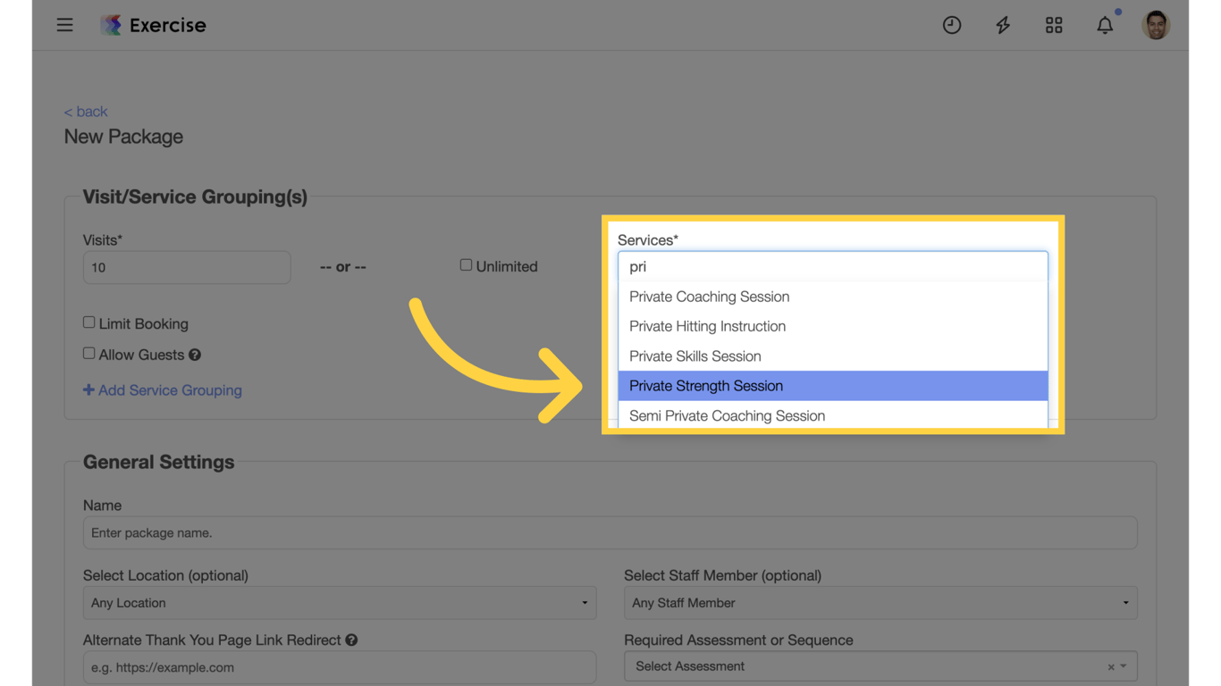 Selecting a service for the package