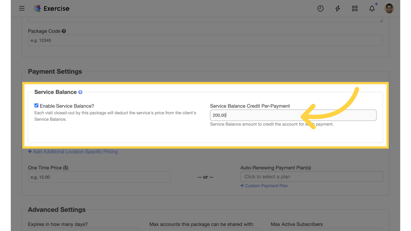 Entering starting Service Balance credit