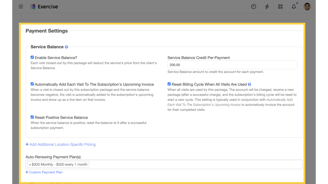 Additional subscription options for Service Balance packages