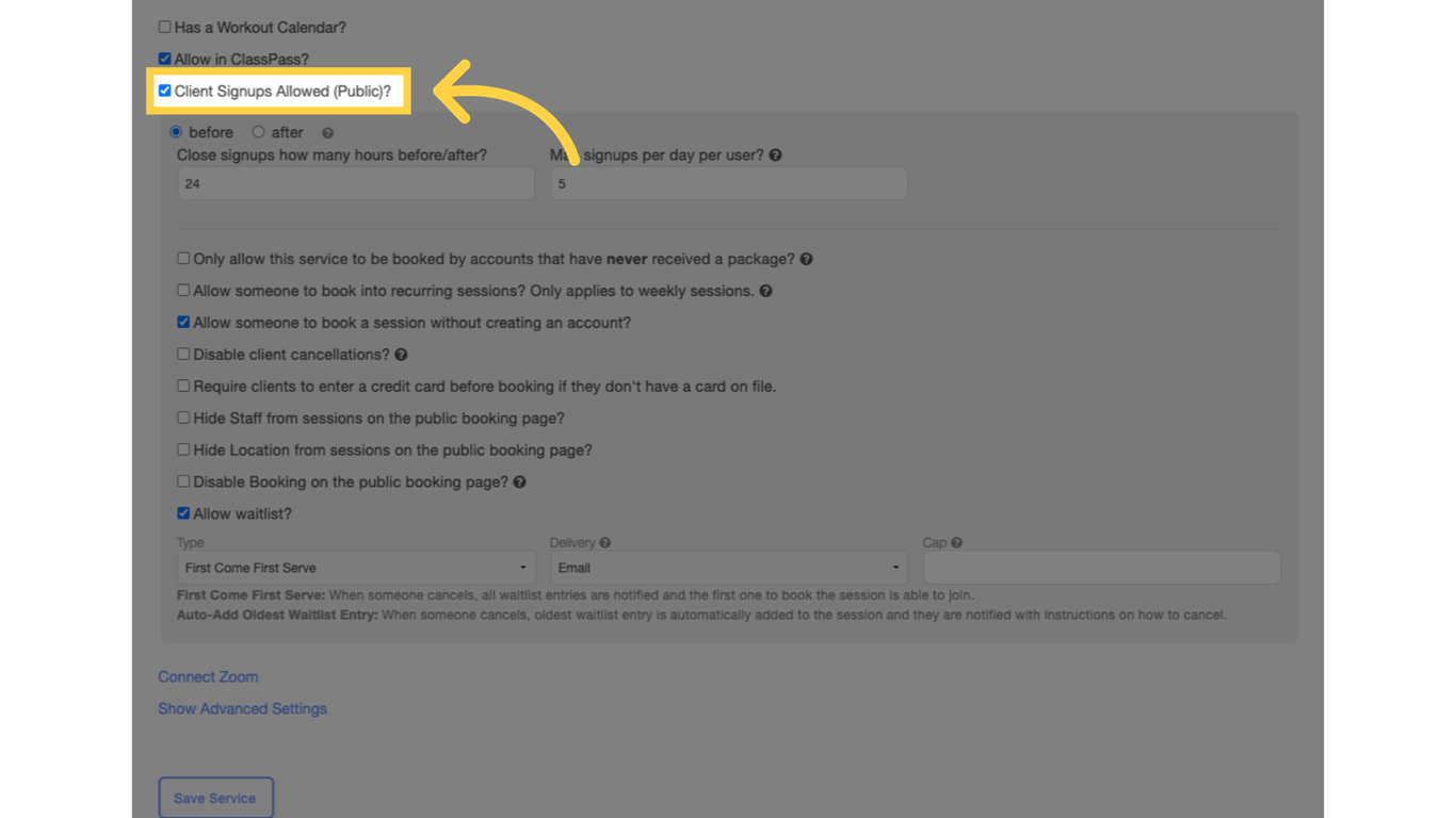 Enable 'Client Signups Allowed (Public)?'.