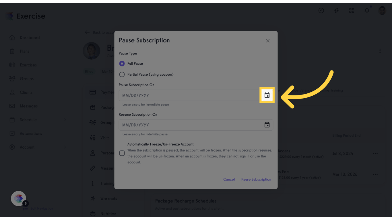 Click to select the start date of the pause.