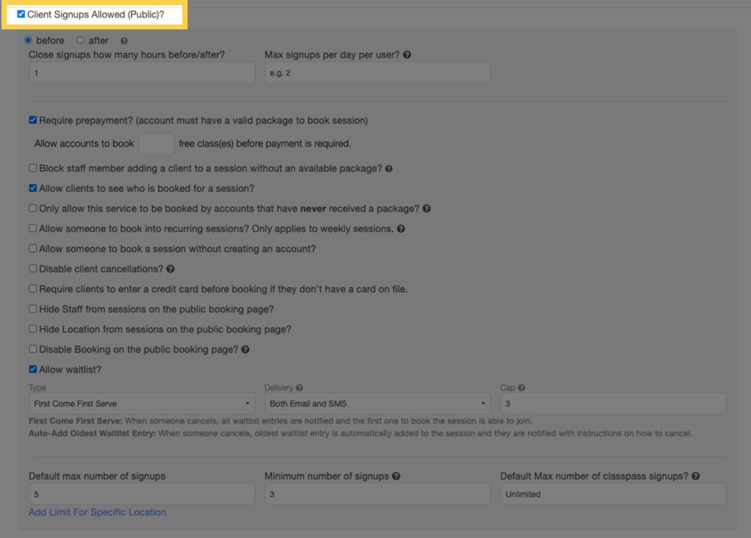 Check the “Client Signups Allowed” box