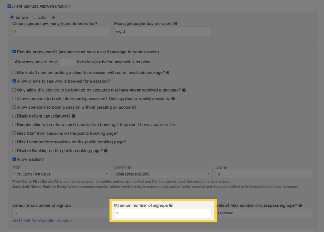 Enter the minimum number of signups required for the group class