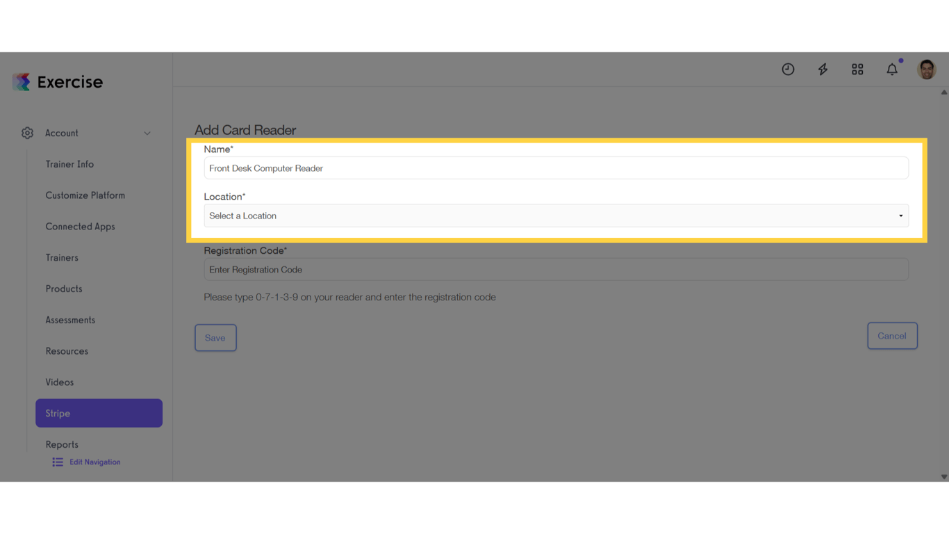 Add a name and select the location for this card reader.