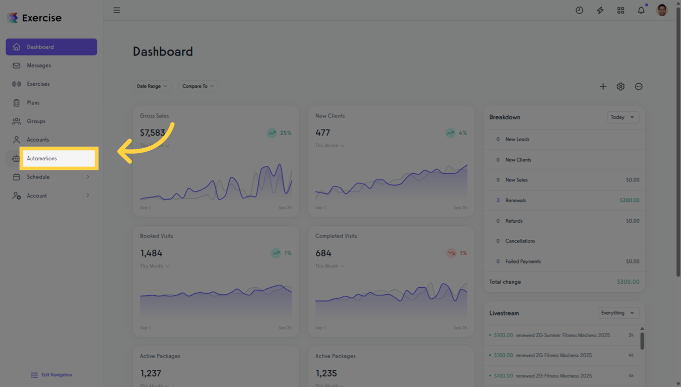 Screenshot showing how to navigate to Automations in Exercise.com