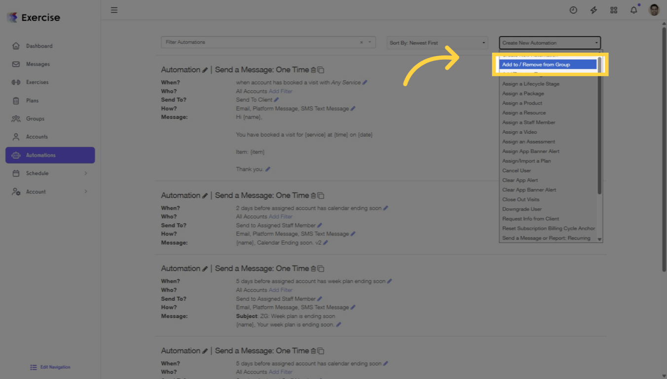 Screenshot showing how to create a new Add to/Remove from Group automation