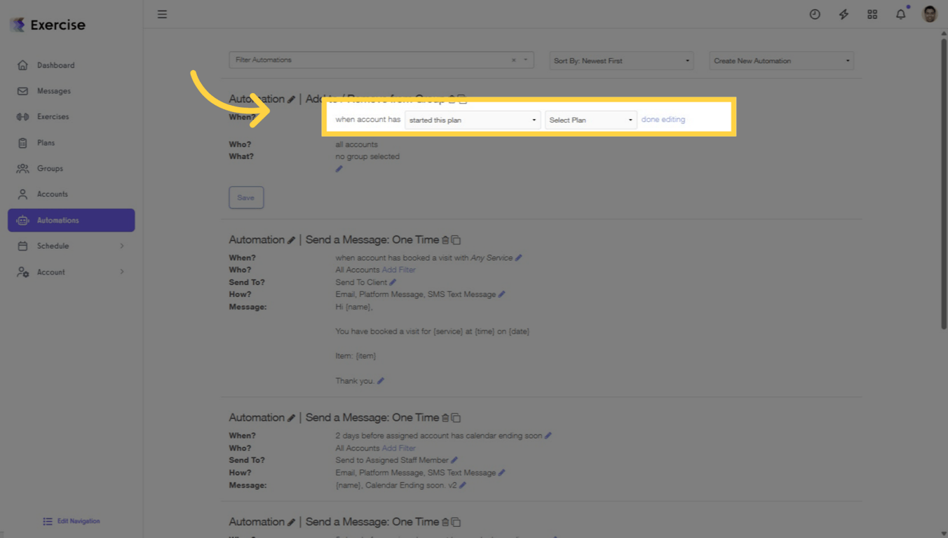 Screenshot showing Started This Plan automation trigger in Exercise.com
