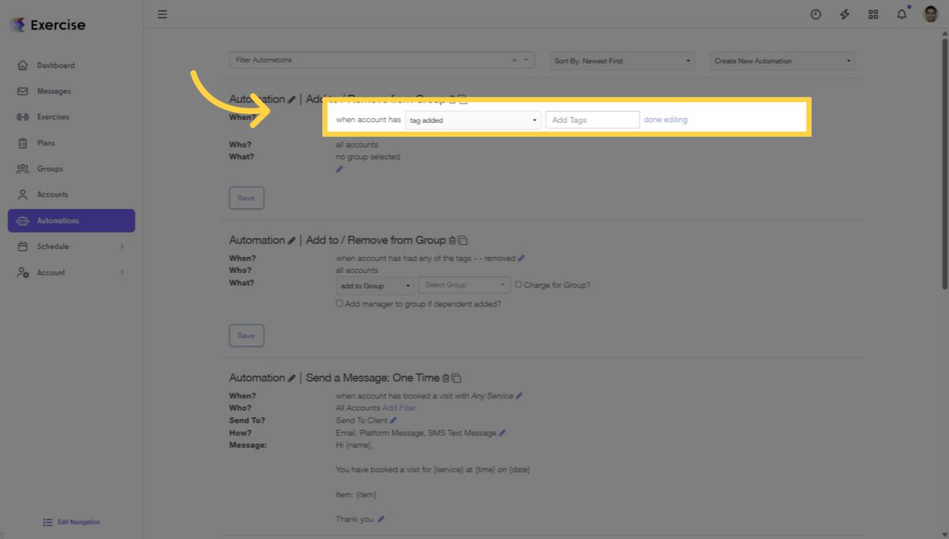 Screenshot showing Tag Added or Removed automation trigger in Exercise.com