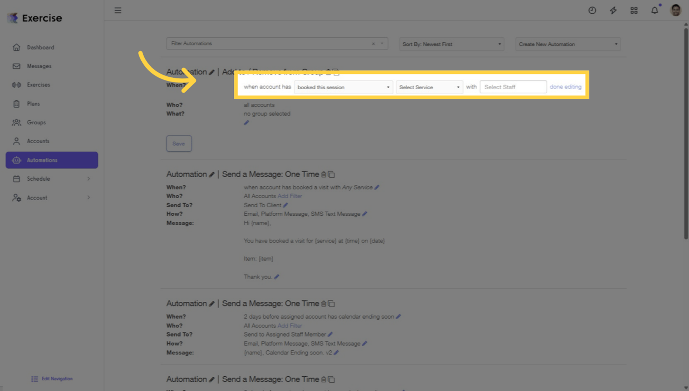 Screenshot showing Booked This Session automation trigger in Exercise.com
