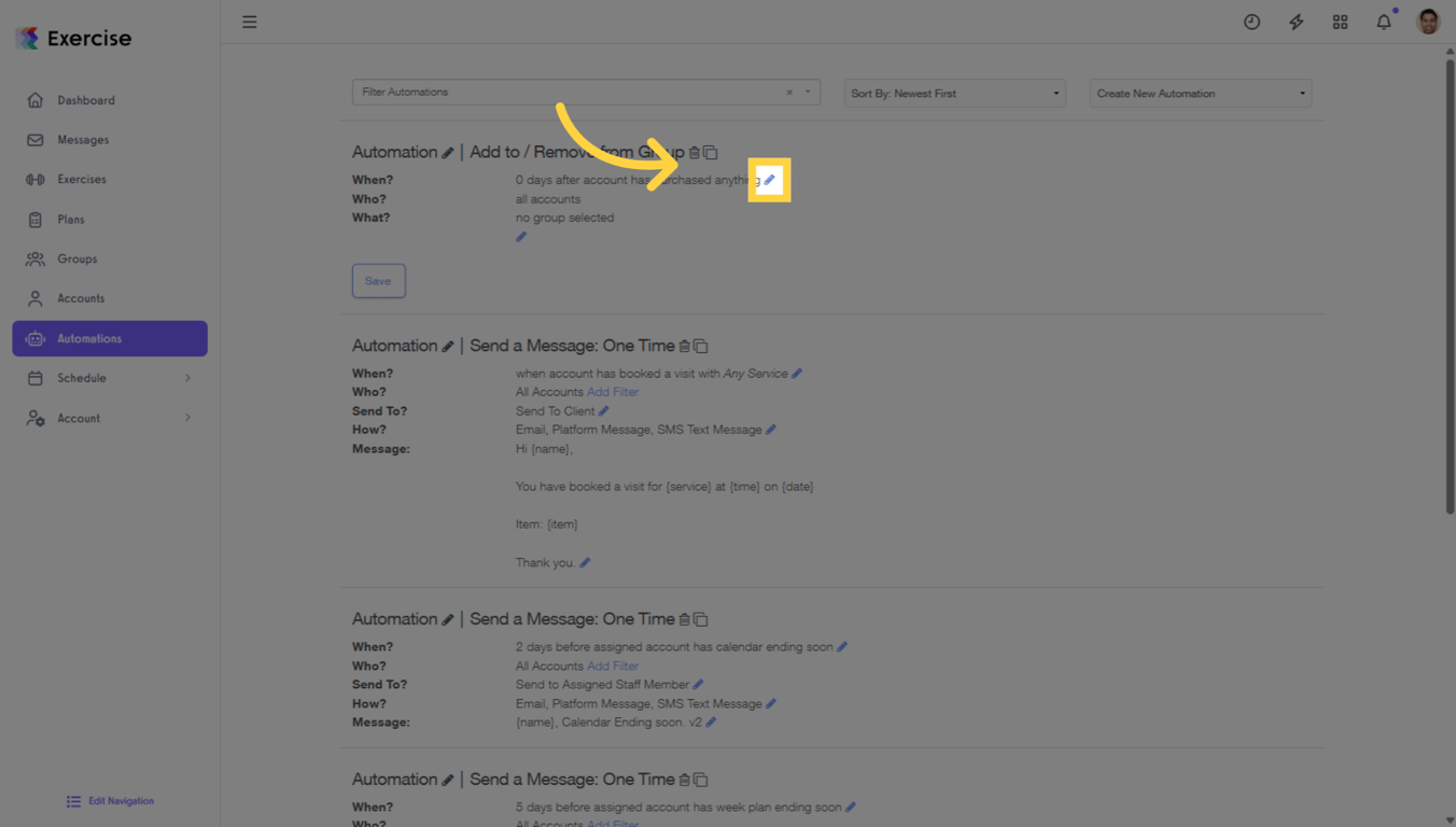 Screenshot showing how to customize automation settings in Exercise.com