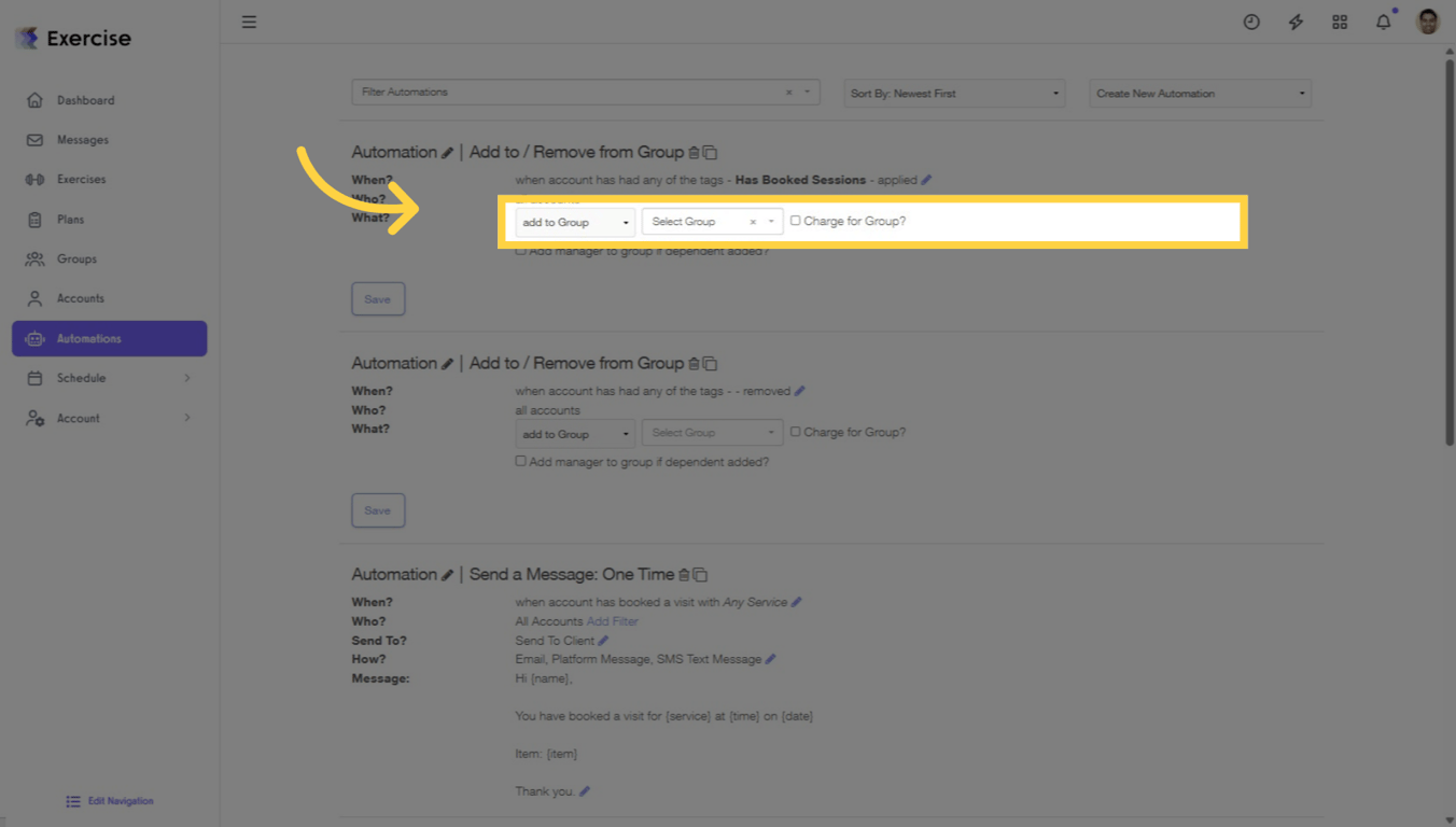 Screenshot showing Add or Remove to Group automation in Exercise.com