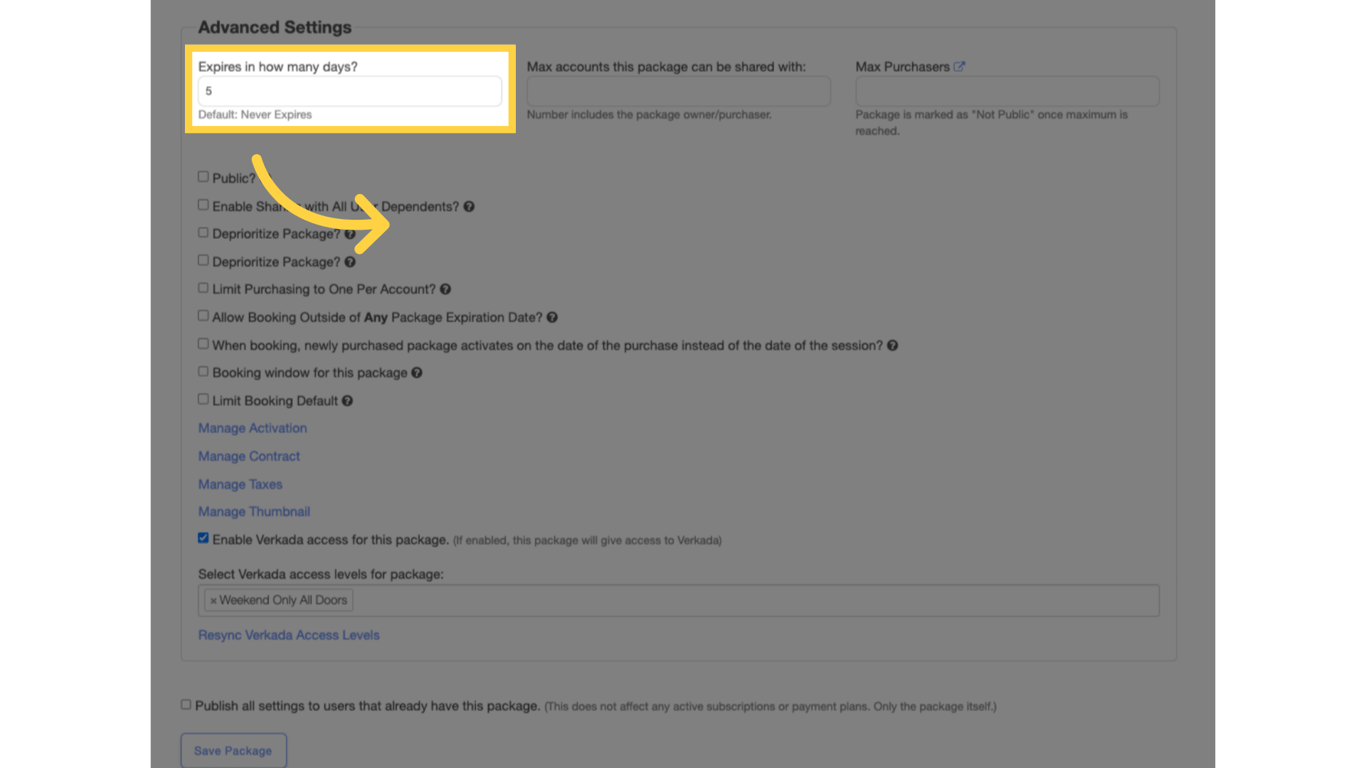 Enter the time period (in days) that the package will remain valid.