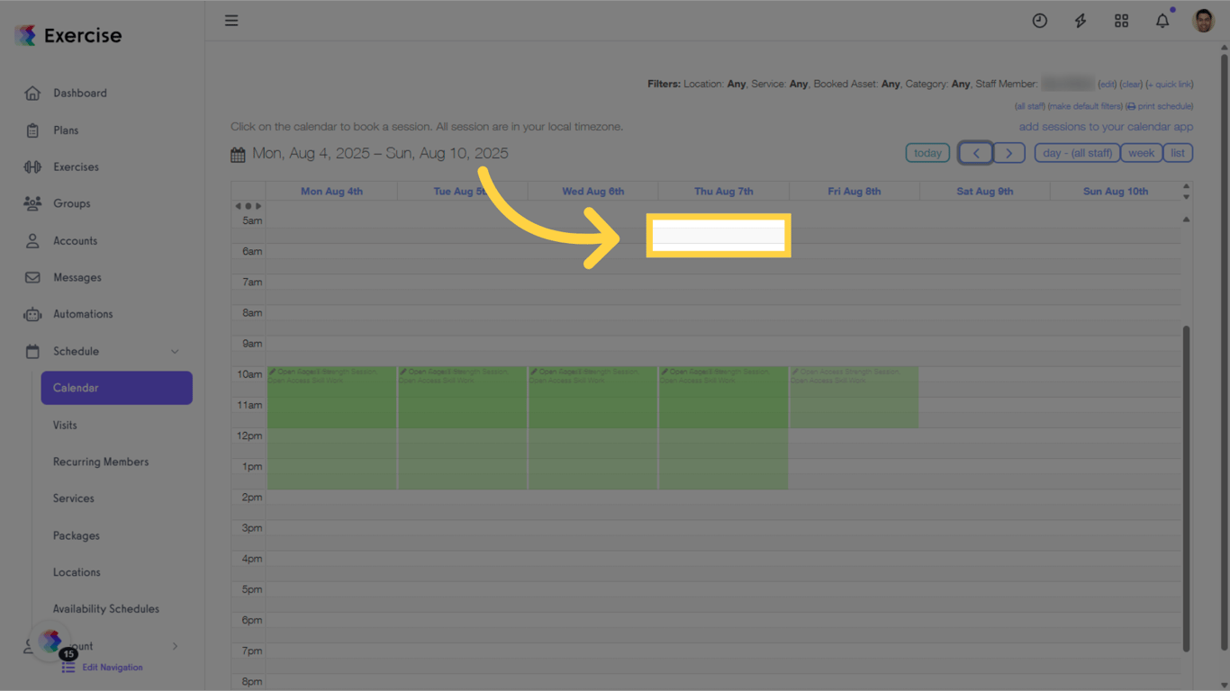 Click a time slot on the calendar to create a new appointment.