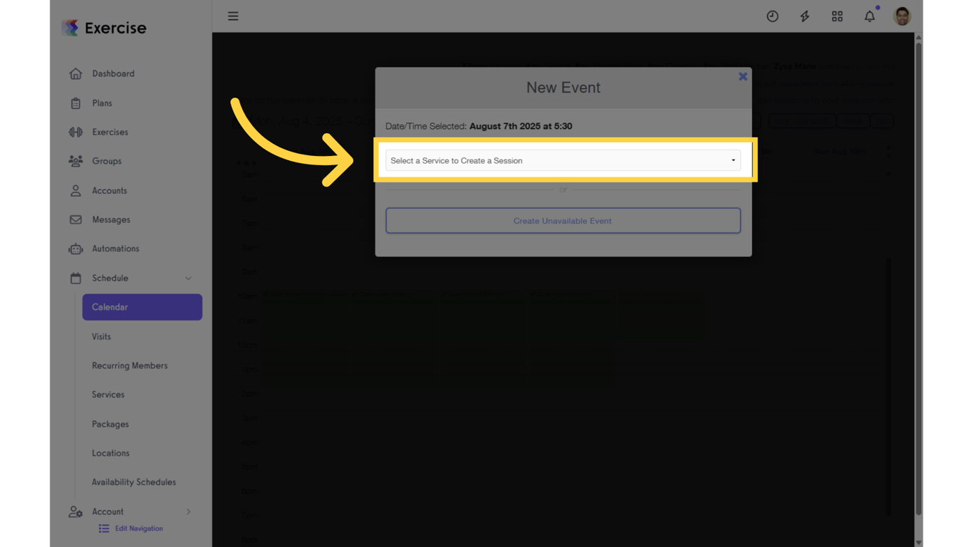 Select the service for the appointment from the dropdown list.