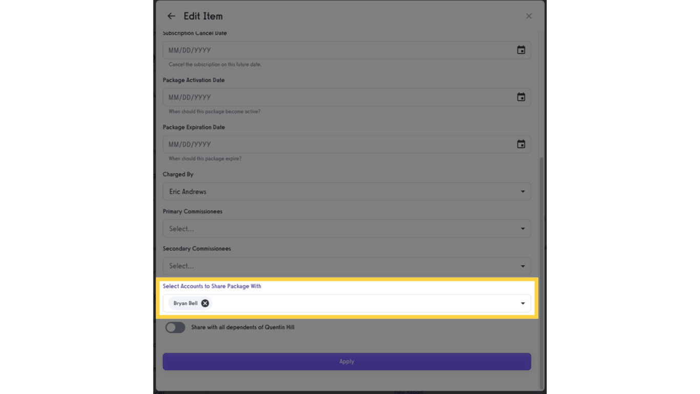Option 1 Step 8: Select accounts to share package with.