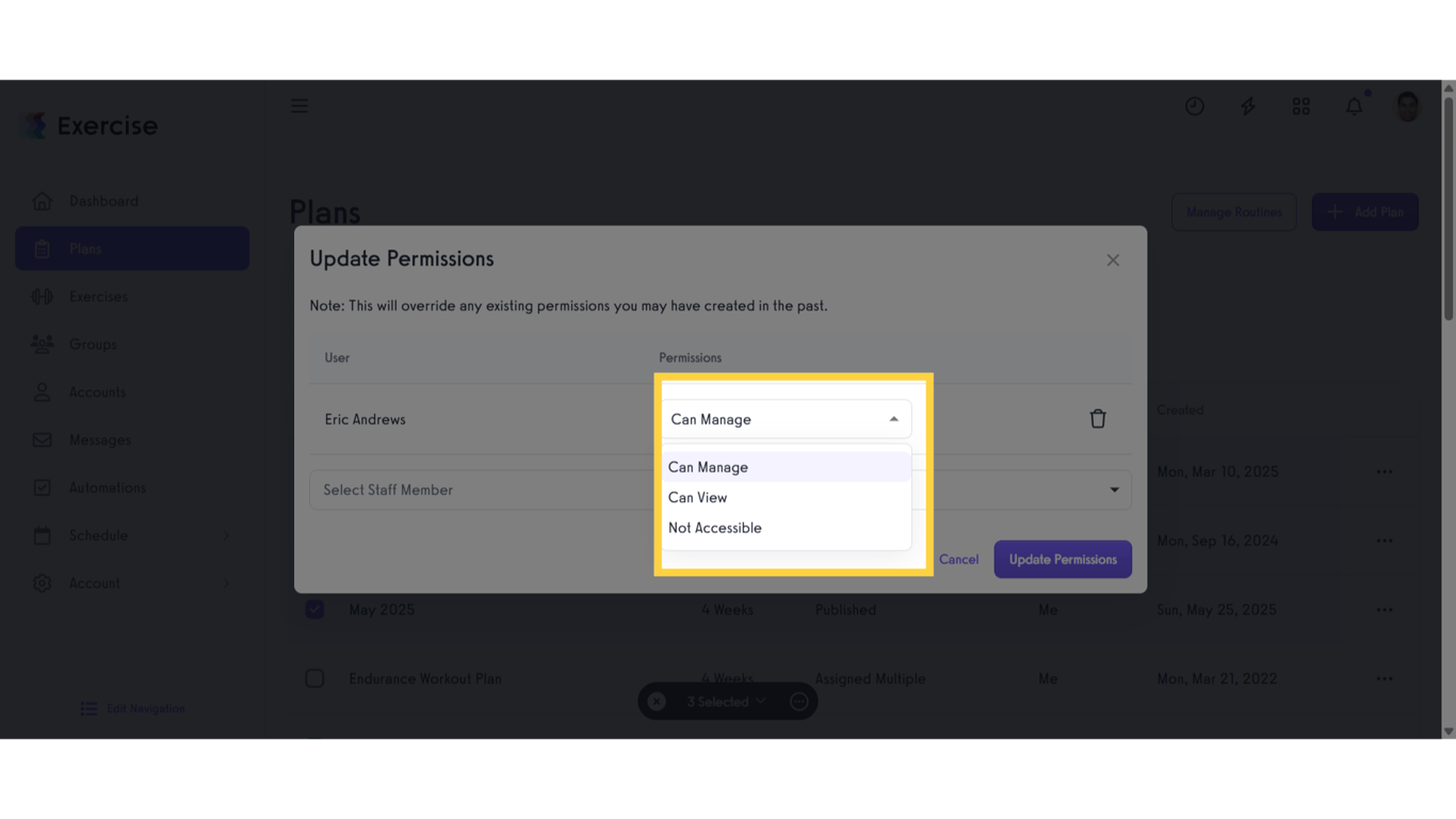 Select Permission in Plans