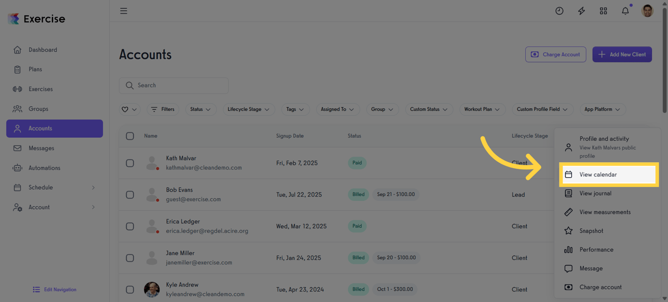 Open the client or group calendar to view scheduled workouts.