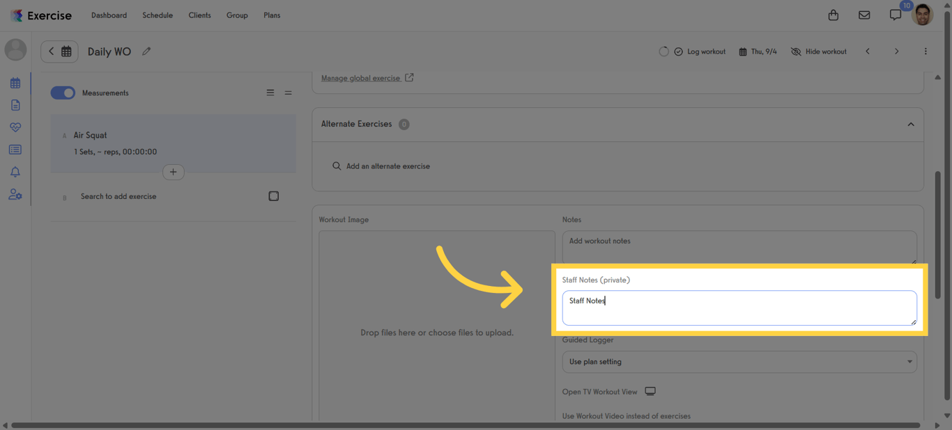 Enter details into the Staff Notes section for the selected workout.
