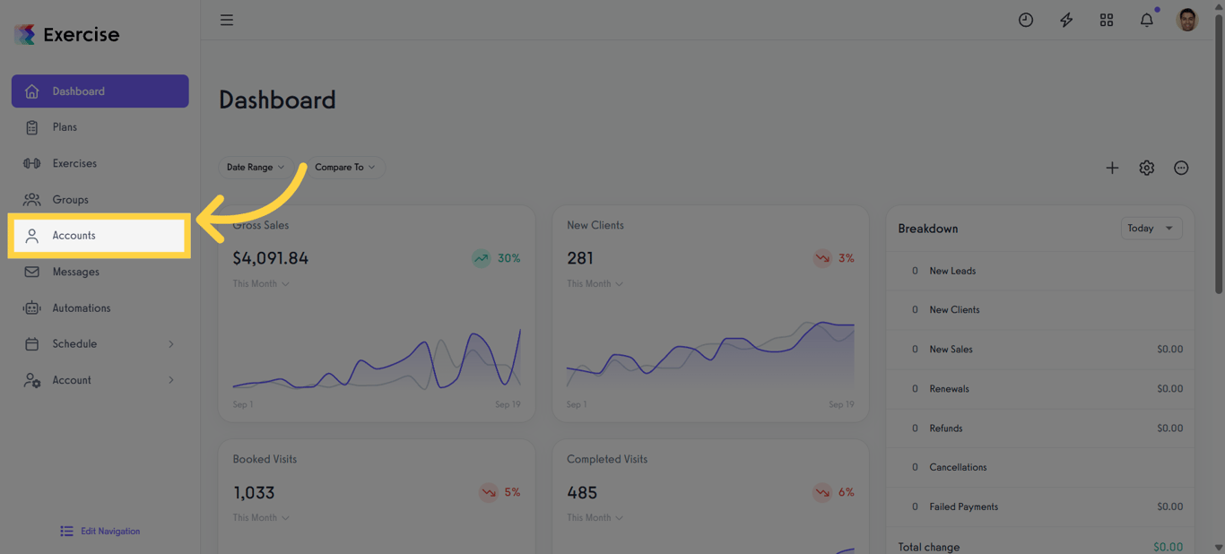 Open client accounts from the dashboard to access client details.