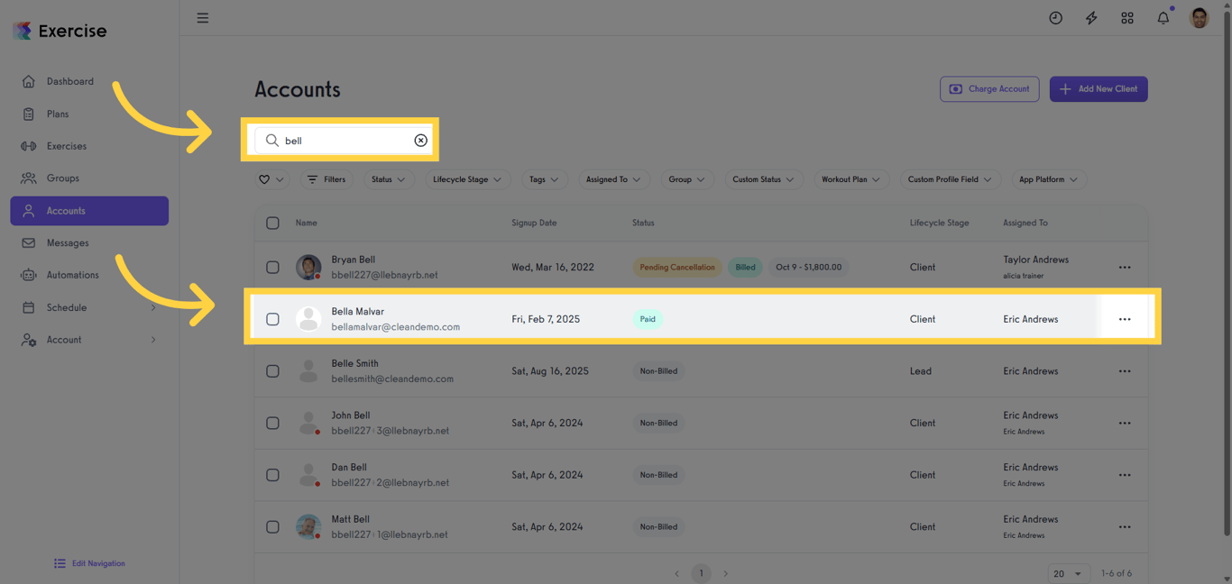 Search or select a client.