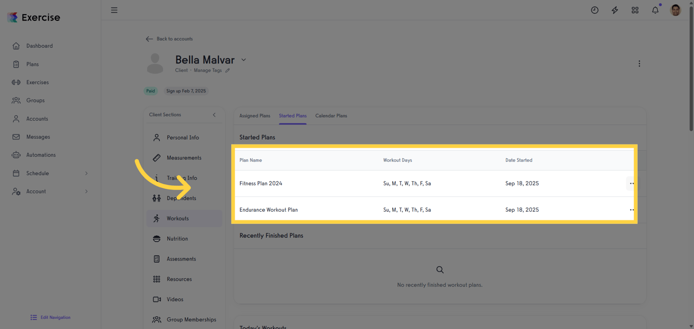 View Started Workout Plans.