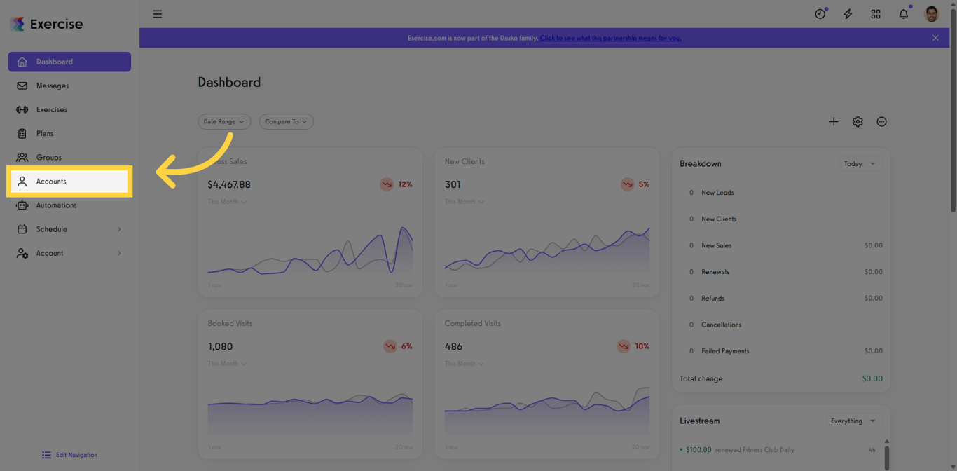 Screenshot of the Dashboard with the Accounts tab highlighted.