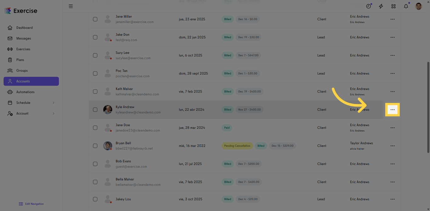Client row with options menu opened to show exercise-related actions.