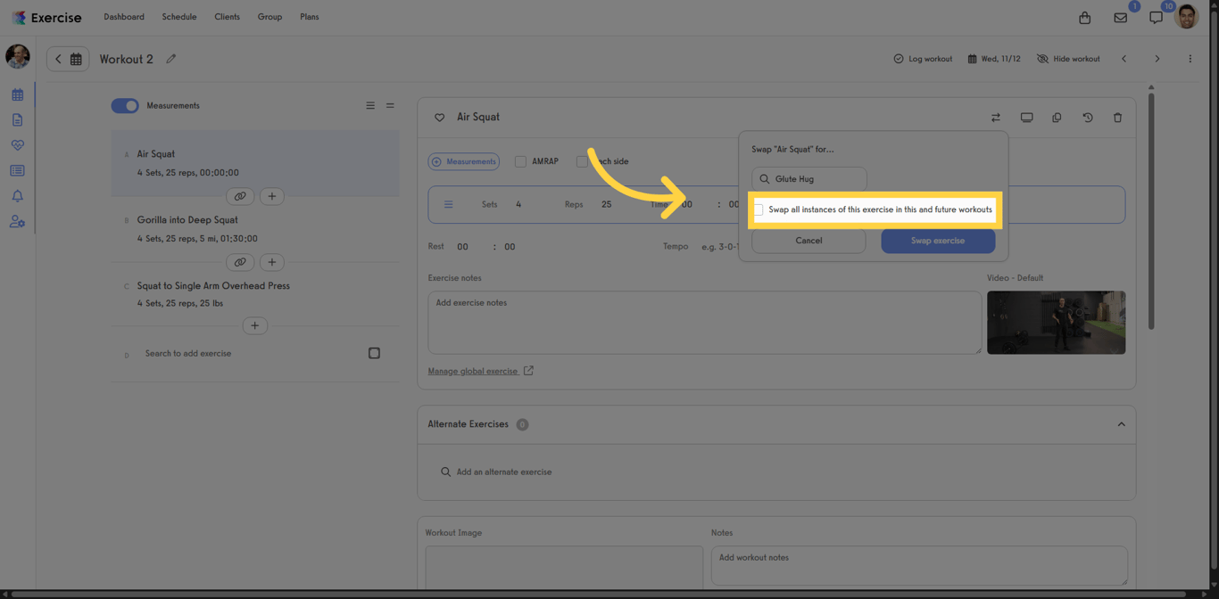 Swap exercise options showing the checkbox to swap all instances in this and future workouts.