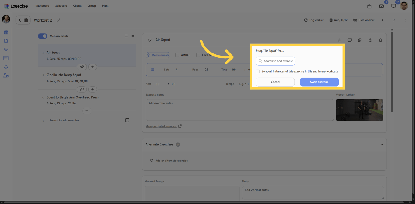 Exercise selection panel showing the exercise search area and list of exercises.