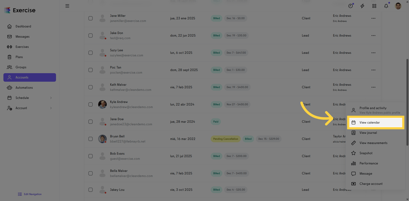 Client options menu with the View calendar option highlighted.