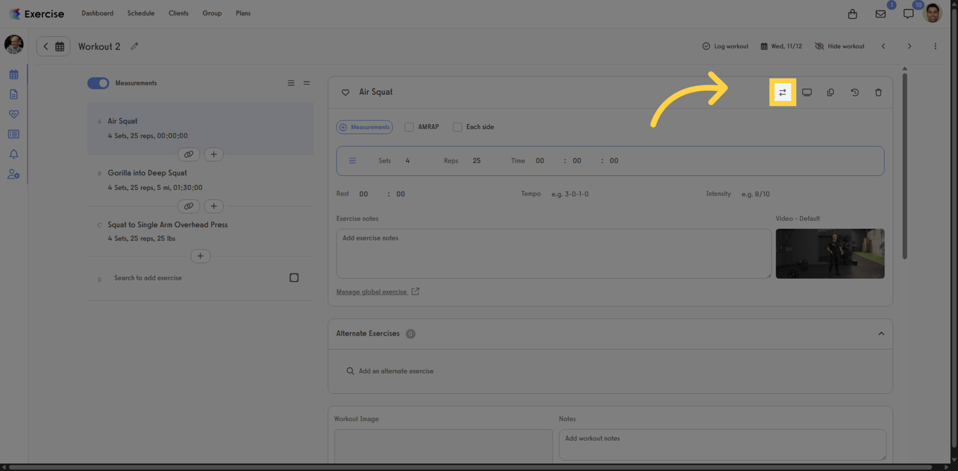 Workout details screen with the exercise edit options highlighted.