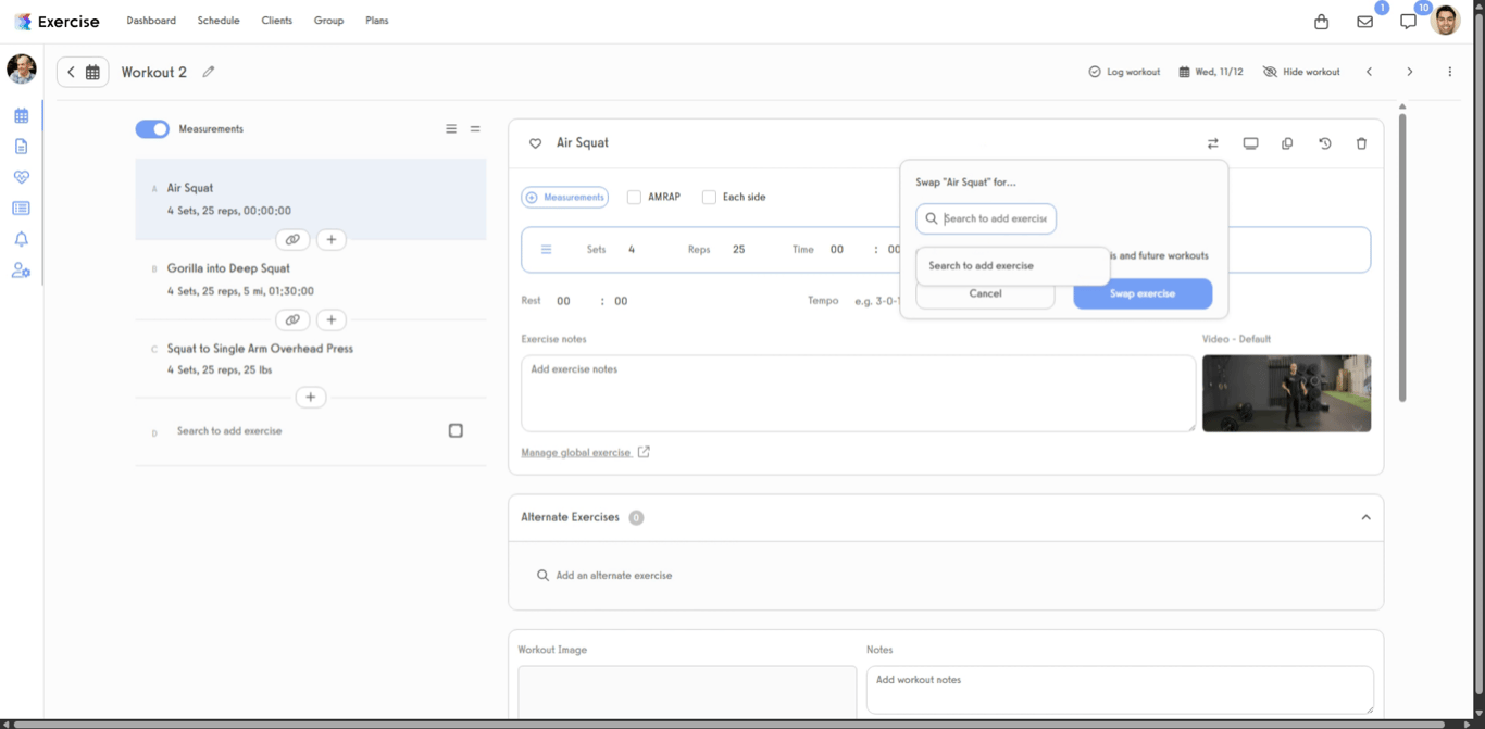 Exercise search bar with a letter typed to filter the exercise list.