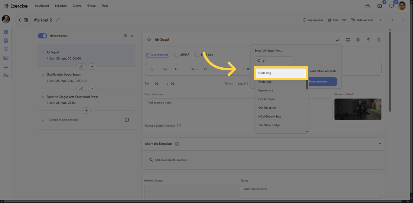 List of exercises with one exercise selected as the replacement.