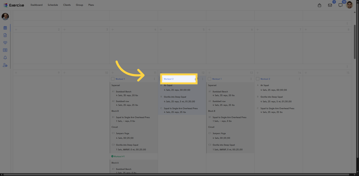 Workout selected on the client calendar to open workout details.