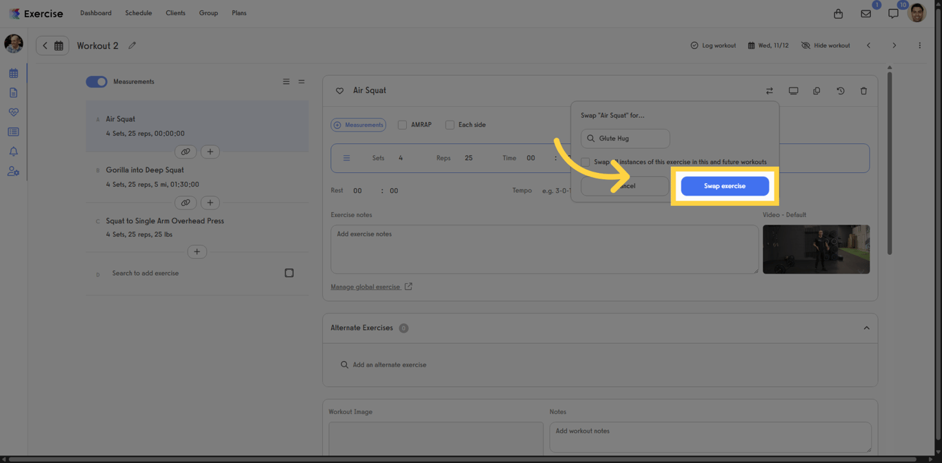 Swap exercise button highlighted to finalize the replacement.