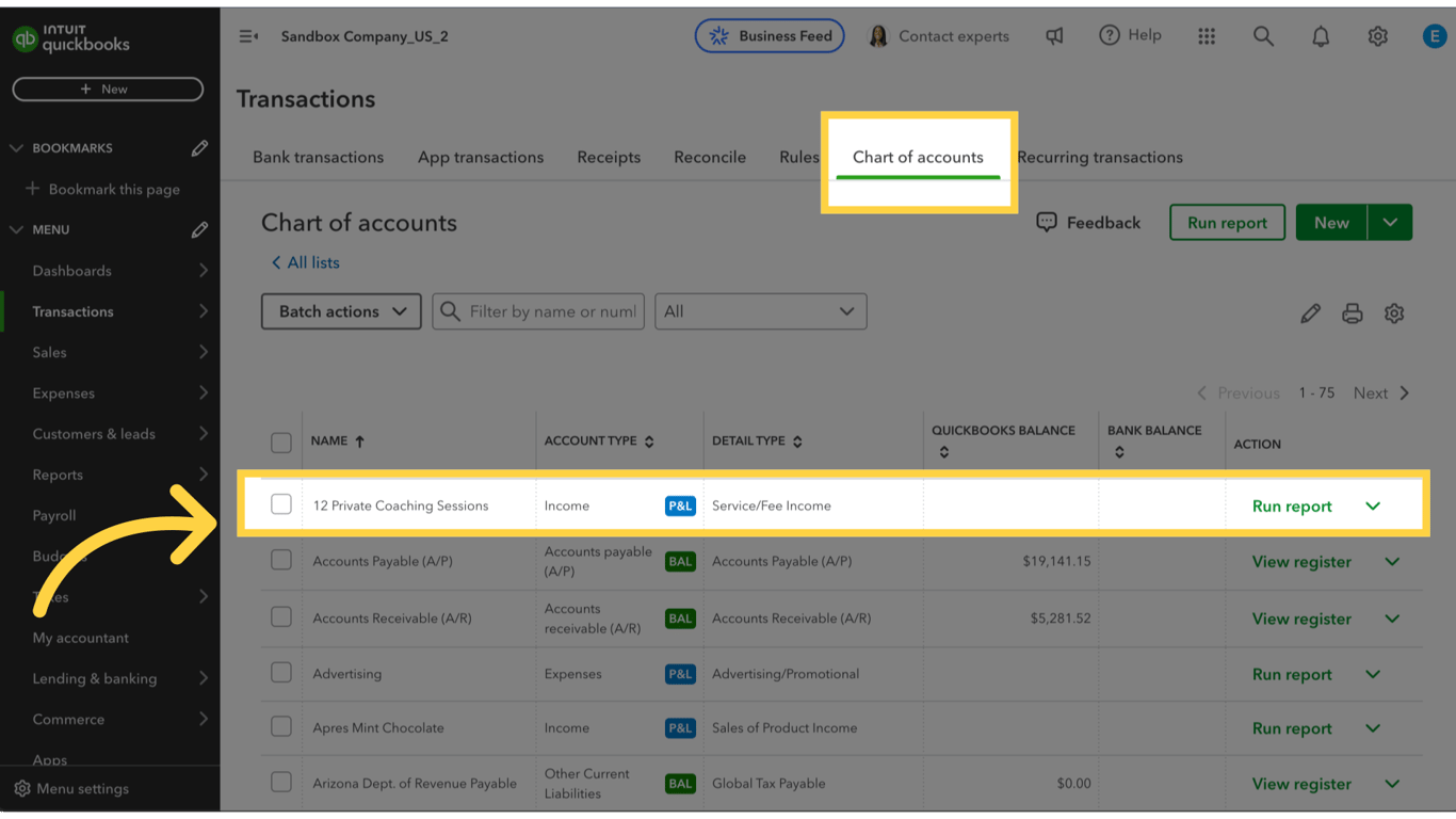 Chart of Account - Run Report