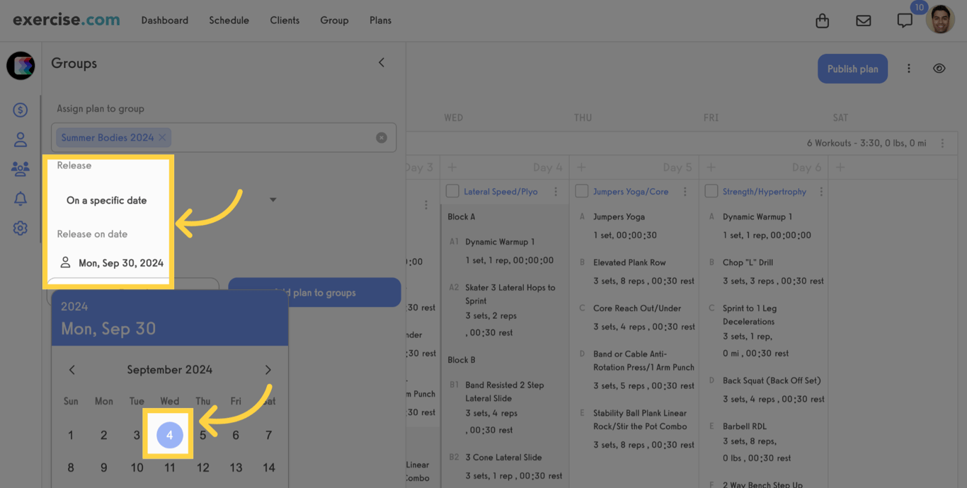 Select a release date from the calendar and click Add Plan to Groups.