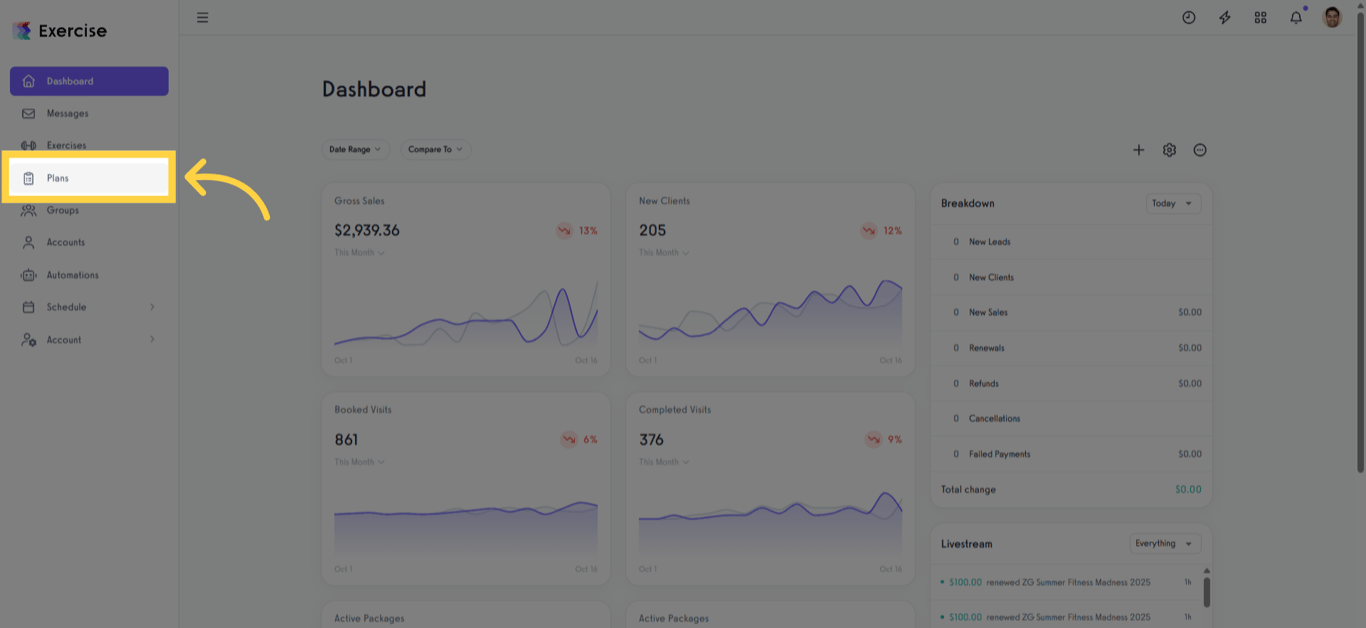 Navigate to the Plans tab in your Exercise.com dashboard.