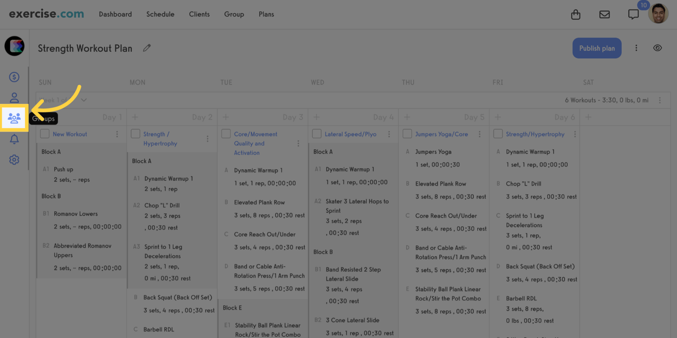 Click the Groups icon to connect a workout plan with a group.