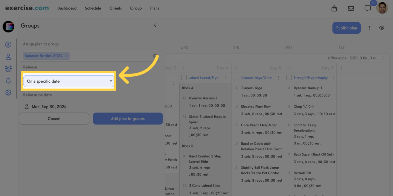 Select the option to release the plan on a specific date.