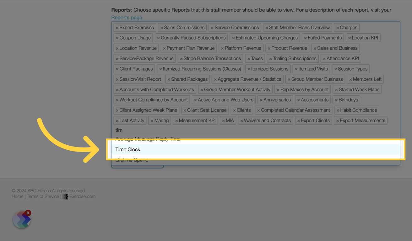 Select the 'Time Clock' Report