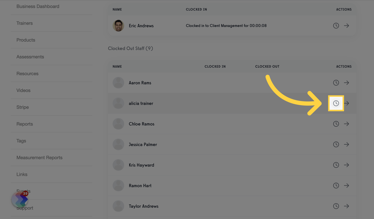 Clock in for Staff Member